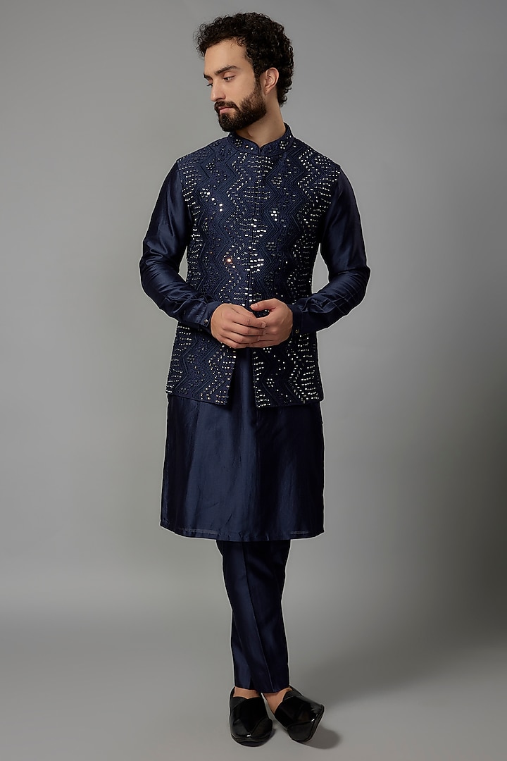 Deep Blue Raw Silk Embroidered Nehru Jacket Set by SALIL BHATIA