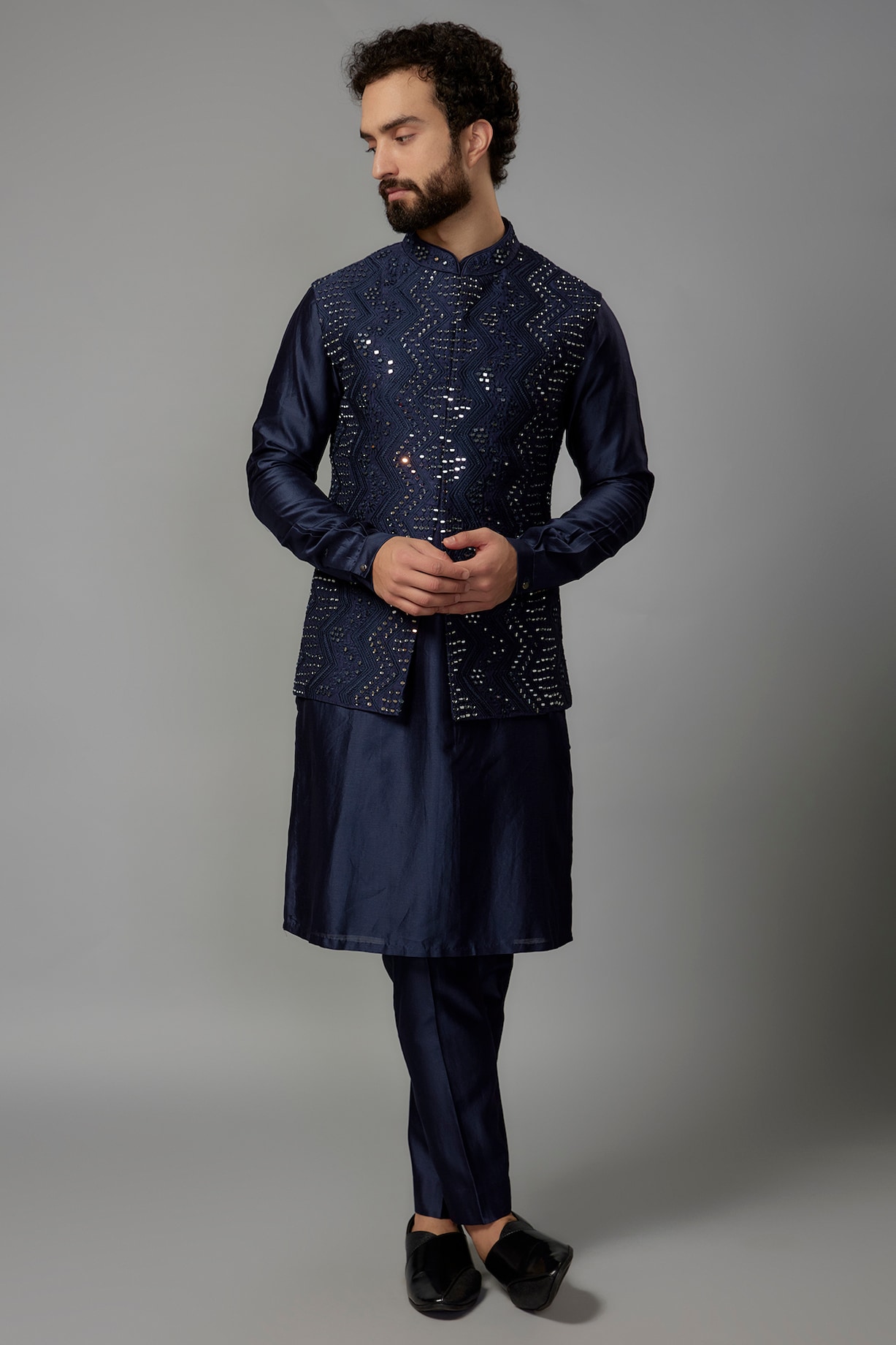 Buy SALIL BHATIA Deep Blue Raw Silk Embroidered Nehru Jacket Set at ...