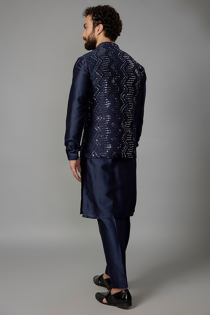 Deep Blue Raw Silk Embroidered Nehru Jacket Set by SALIL BHATIA at Pernia's Pop Up Shop