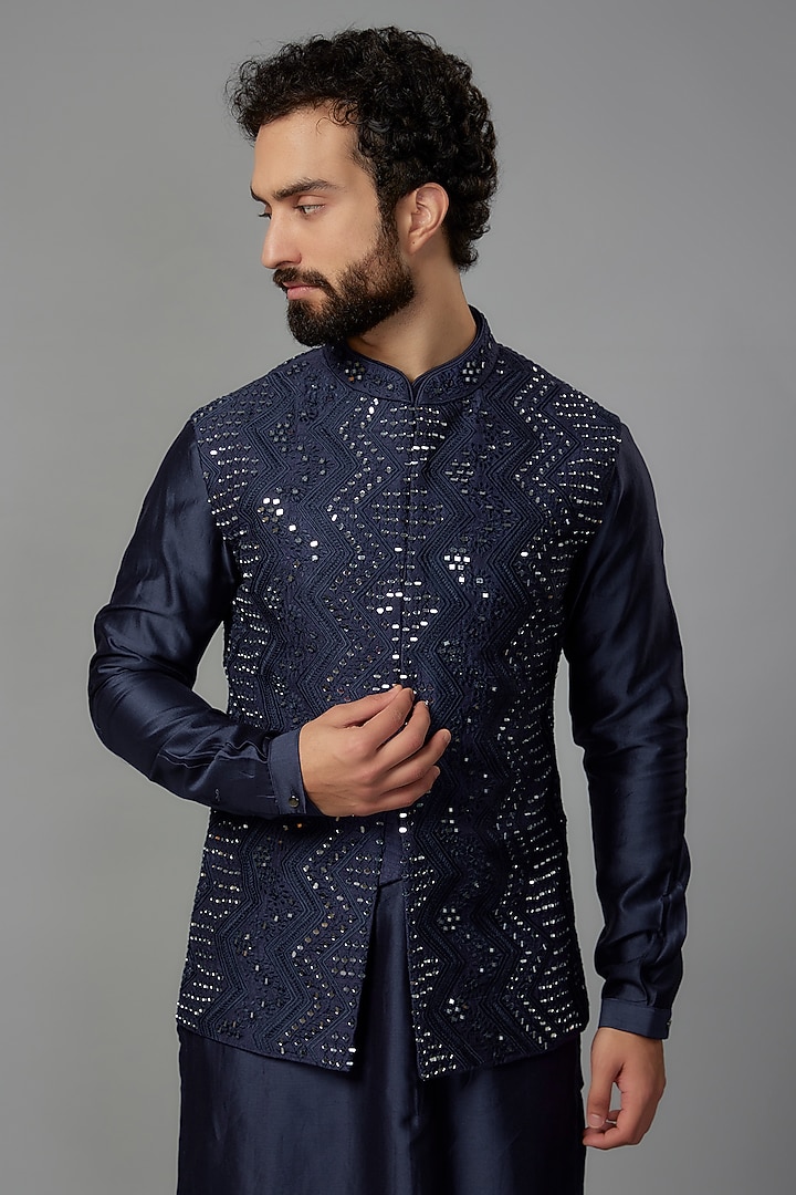 Deep Blue Raw Silk Embroidered Nehru Jacket Set by SALIL BHATIA at Pernia's Pop Up Shop