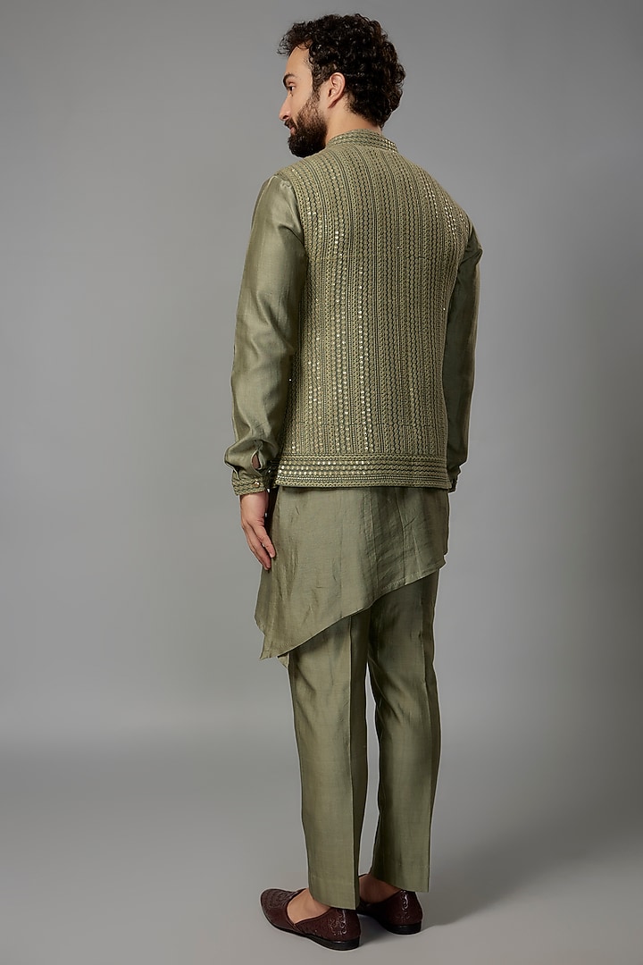 Sage Green Georgette Embroidered Nehru Jacket Set by SALIL BHATIA at Pernia's Pop Up Shop