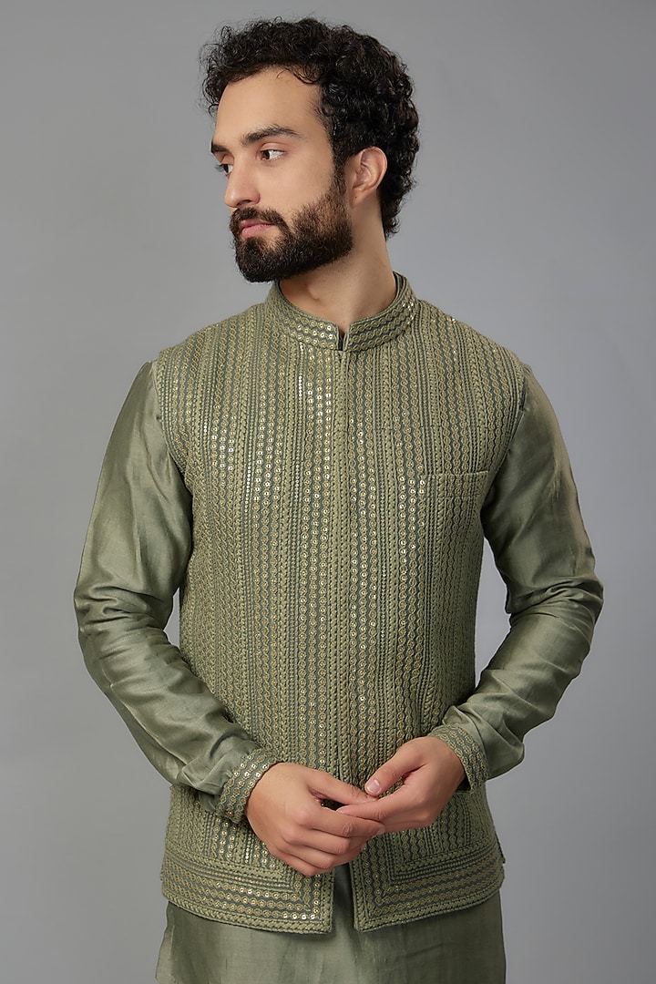 Sage Green Georgette Embroidered Nehru Jacket Set by SALIL BHATIA at Pernia's Pop Up Shop
