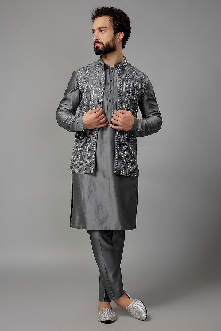 Charcoal Raw Silk Embroidered Indo-western Set by SALIL BHATIA