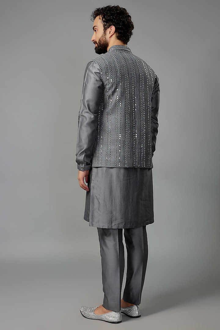 Charcoal Raw Silk Embroidered Indo-western Set by SALIL BHATIA at Pernia's Pop Up Shop