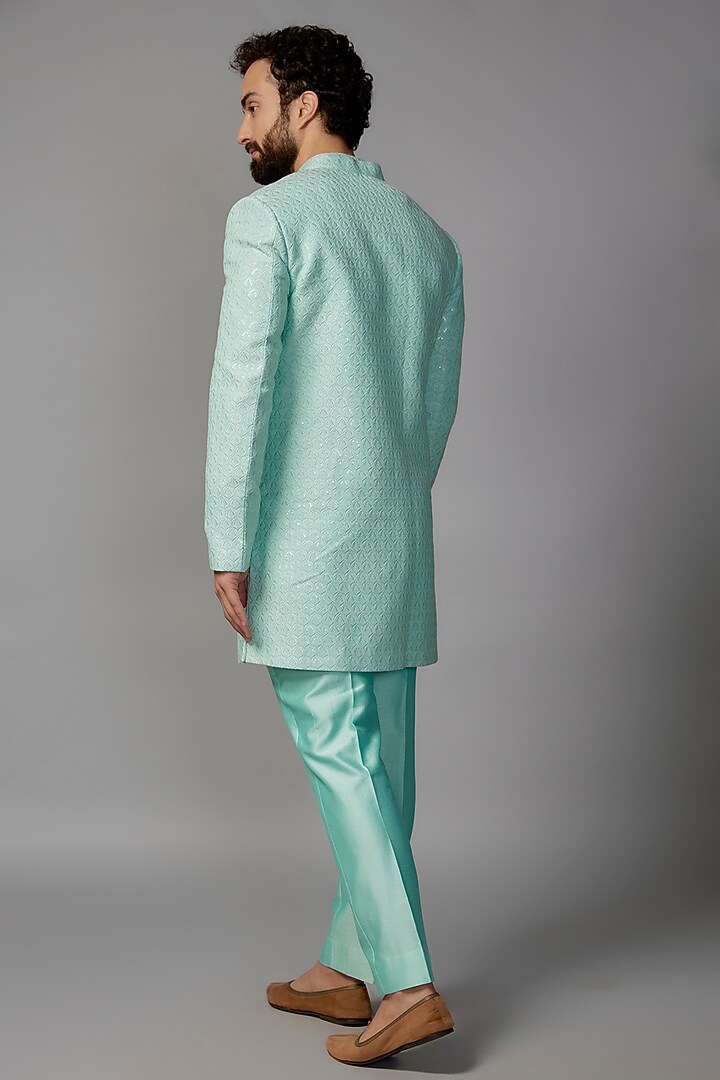 Turquoise Dola Silk Mirror Work Achkan Set by SALIL BHATIA at Pernia's Pop Up Shop