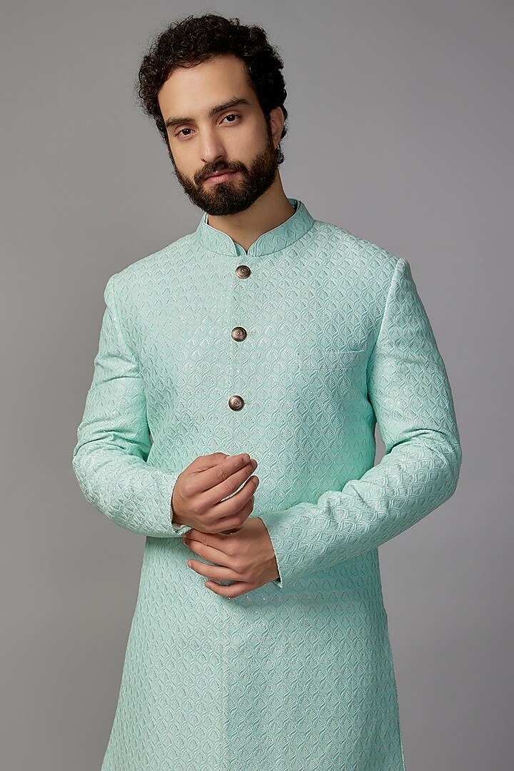 Turquoise Dola Silk Mirror Work Achkan Set by SALIL BHATIA at Pernia's Pop Up Shop