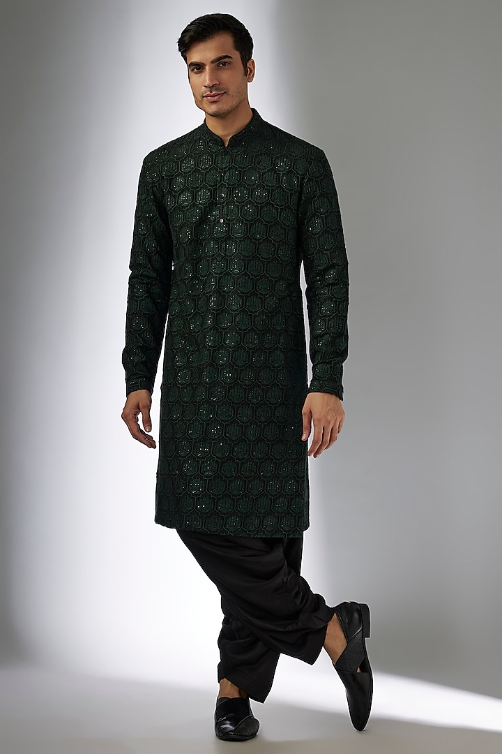 Dark Green Dola Silk Sequins Embellished Kurta Set by SALIL BHATIA at Pernia's Pop Up Shop