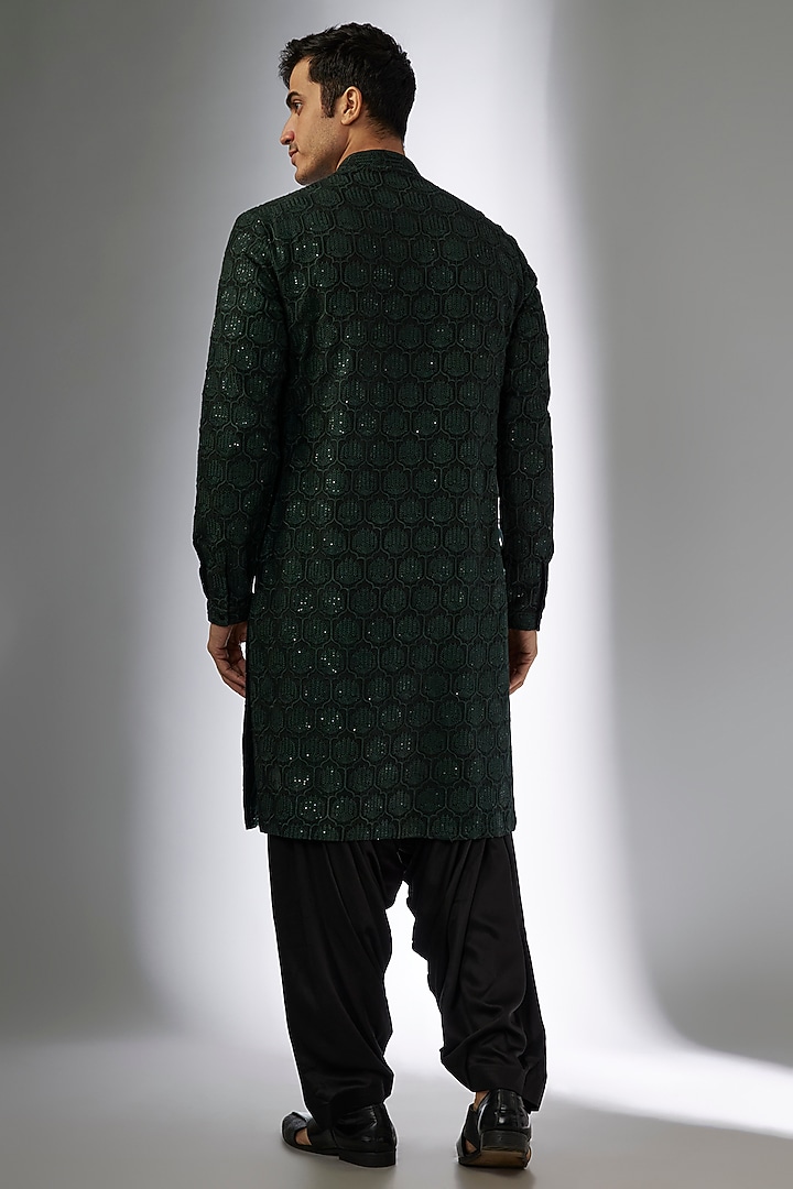 Dark Green Dola Silk Sequins Embellished Kurta Set by SALIL BHATIA at Pernia's Pop Up Shop