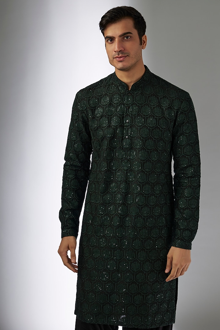 Dark Green Dola Silk Sequins Embellished Kurta Set by SALIL BHATIA at Pernia's Pop Up Shop