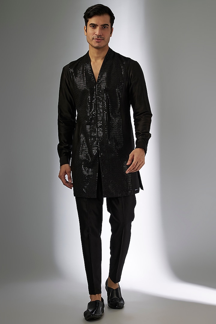 Black Silk Chanderi Sequins Embellished Indo-Western Set by SALIL BHATIA