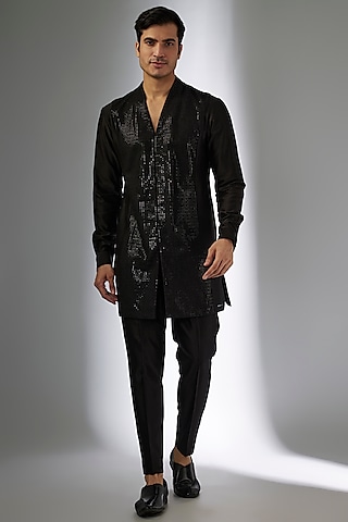 Black Silk Chanderi Sequins Embellished Indo-Western Set by SALIL BHATIA