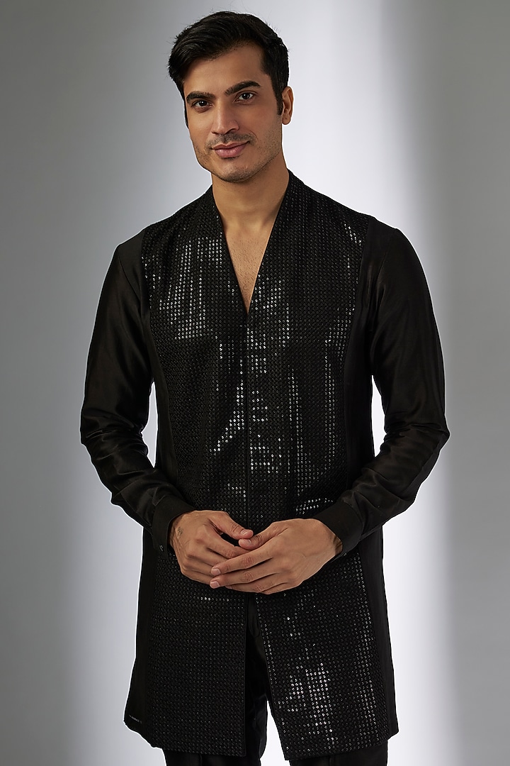 Black Silk Chanderi Sequins Embellished Indo-Western Set by SALIL BHATIA at Pernia's Pop Up Shop