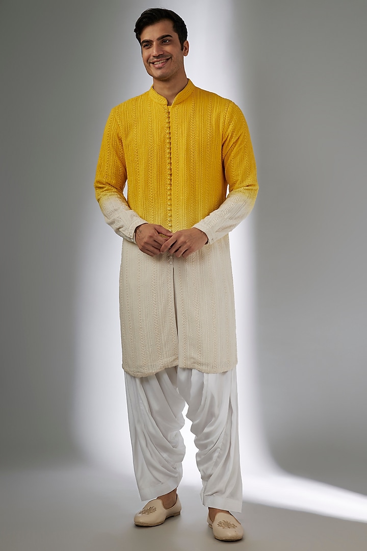 Yellow Ombre Georgette Thread Work Kurta Set by SALIL BHATIA