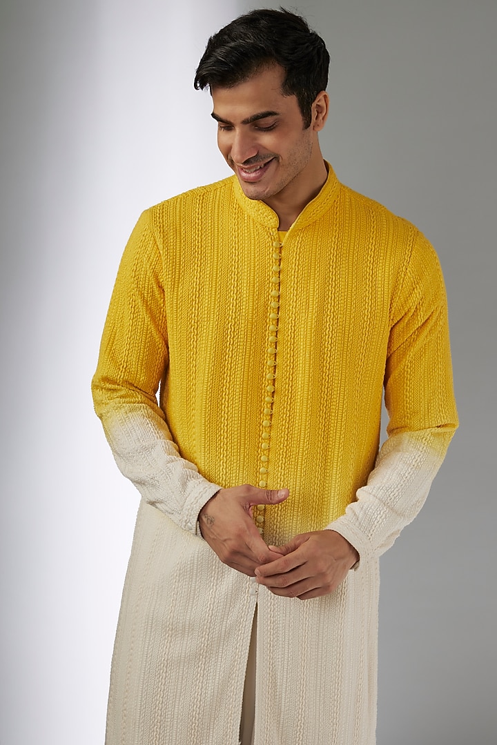 Yellow Ombre Georgette Thread Work Kurta Set by SALIL BHATIA at Pernia's Pop Up Shop