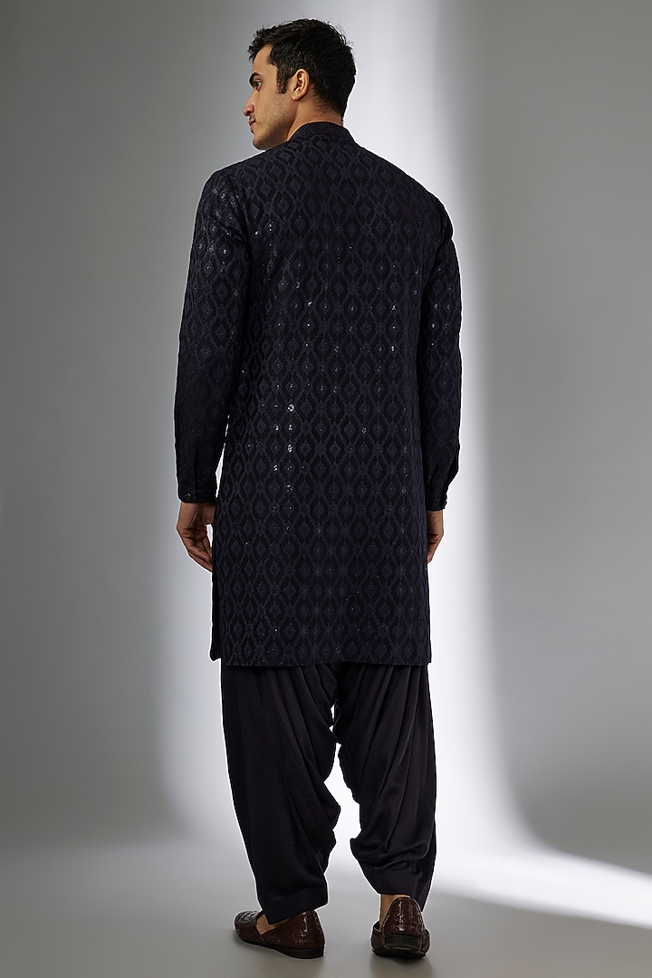 Blackish Blue Dola Silk Sequins Embellished Kurta Set by SALIL BHATIA at Pernia's Pop Up Shop