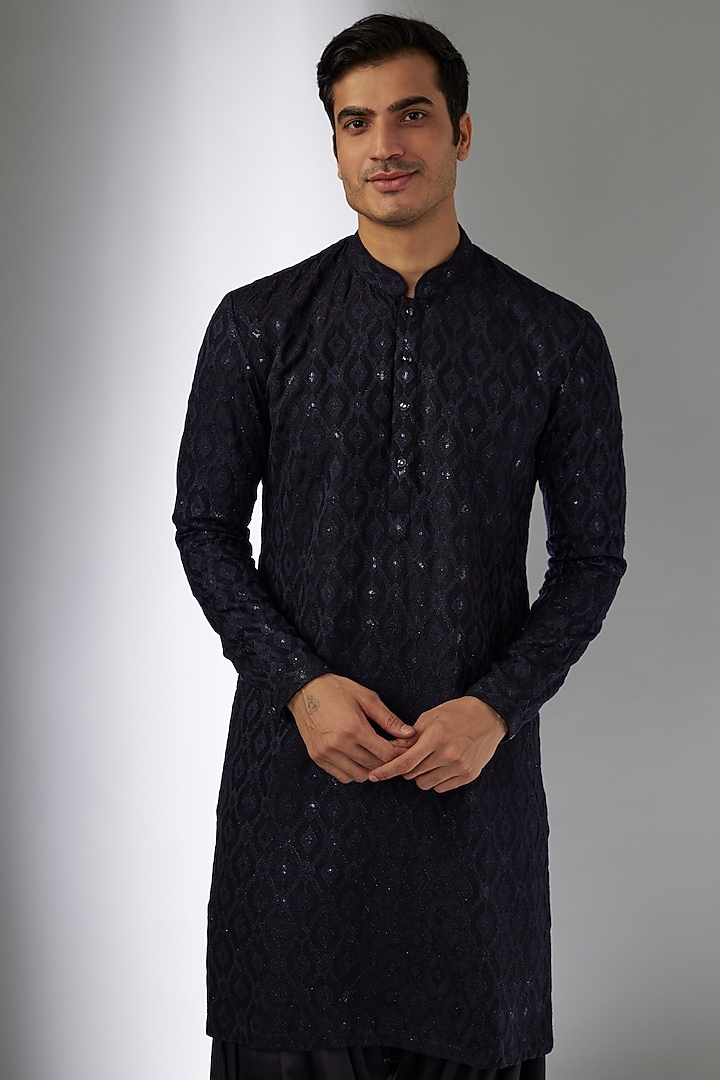 Blackish Blue Dola Silk Sequins Embellished Kurta Set by SALIL BHATIA at Pernia's Pop Up Shop