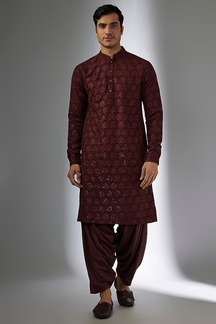 Wine Dola Silk Sequins Embellished Kurta Set by SALIL BHATIA at Pernia's Pop Up Shop