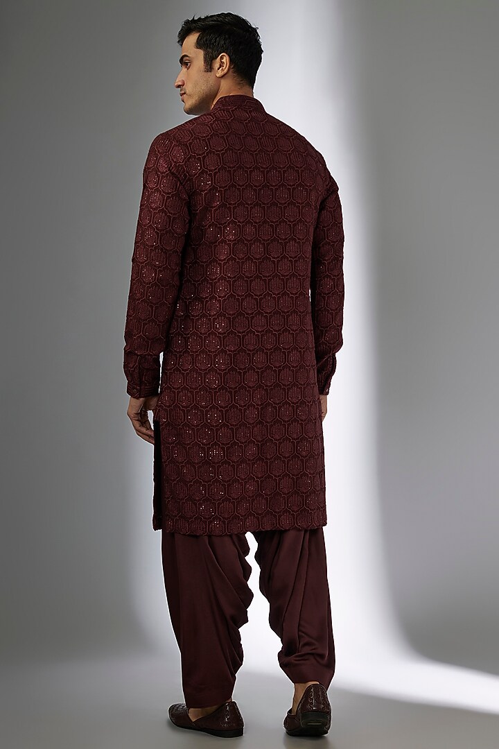 Wine Dola Silk Sequins Embellished Kurta Set by SALIL BHATIA at Pernia's Pop Up Shop