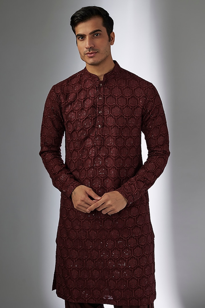 Wine Dola Silk Sequins Embellished Kurta Set by SALIL BHATIA at Pernia's Pop Up Shop