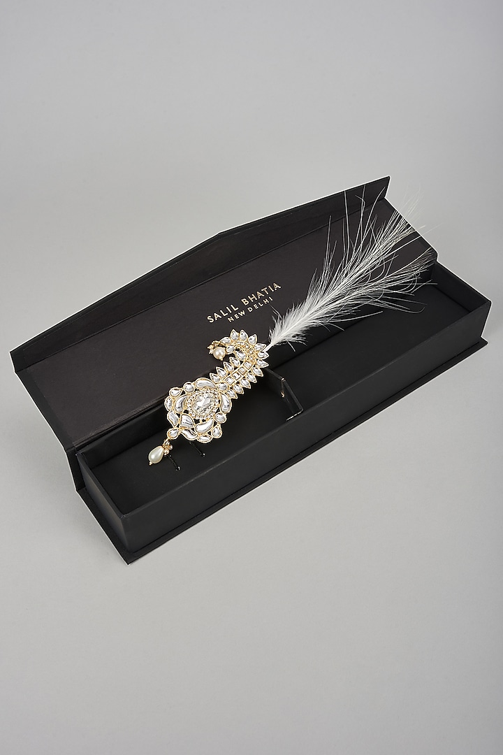 Soft Gold Semi-Precious Kundan & Pearl Feather Kalangi by SALIL BHATIA at Pernia's Pop Up Shop