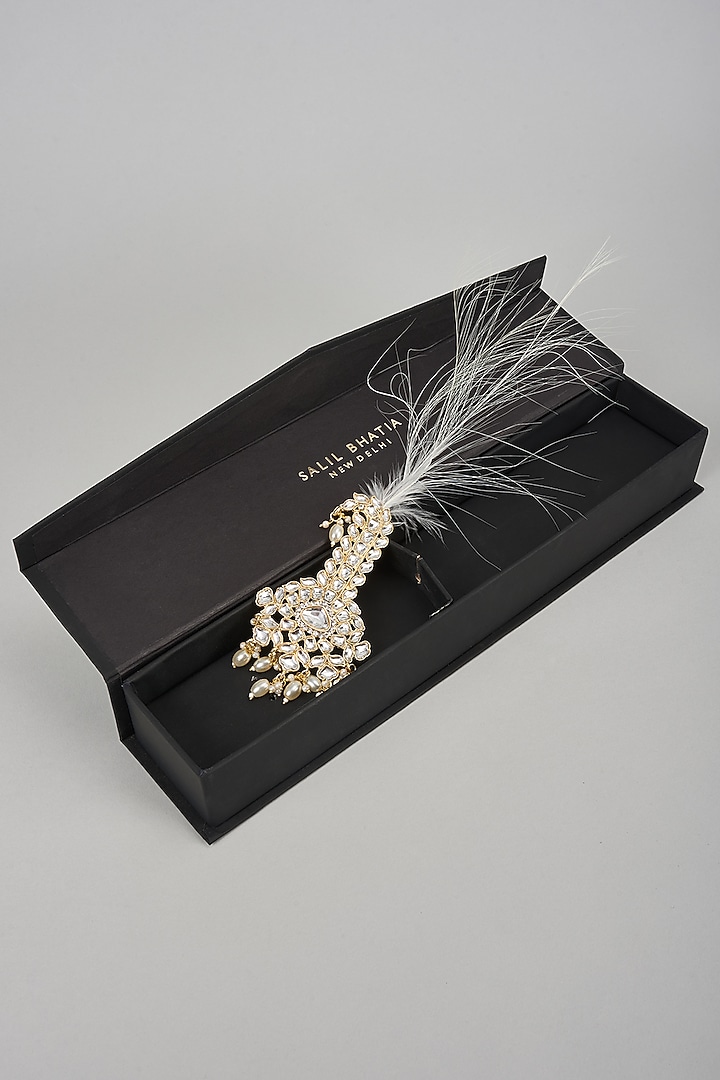 Soft Gold Semi-Precious Kundan & Pearl Feather Kalangi by SALIL BHATIA at Pernia's Pop Up Shop