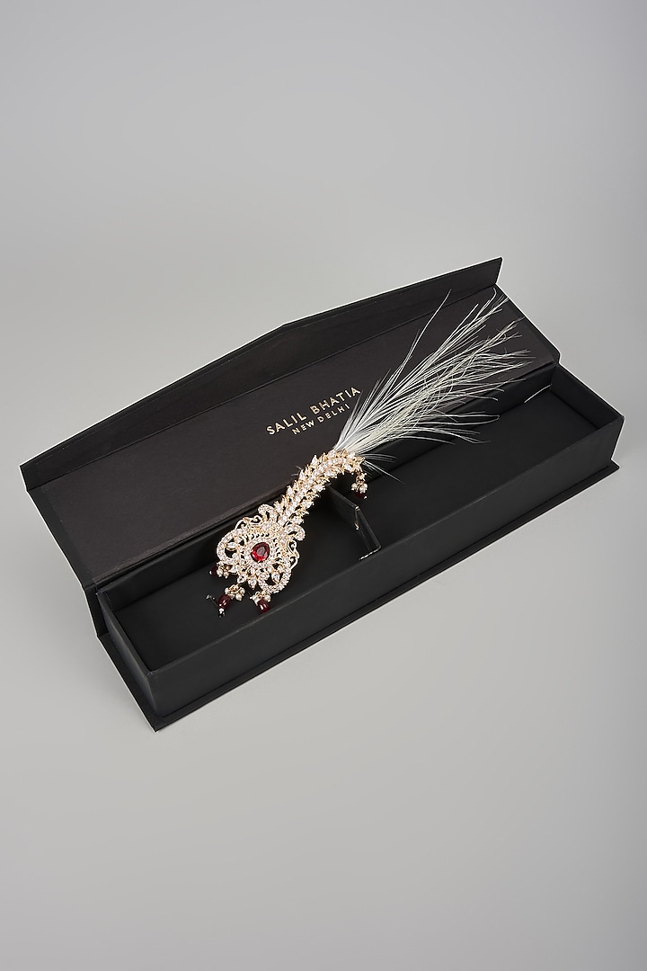 Soft Gold Semi-Precious Kundan & Pearl Feather Kalangi by SALIL BHATIA at Pernia's Pop Up Shop