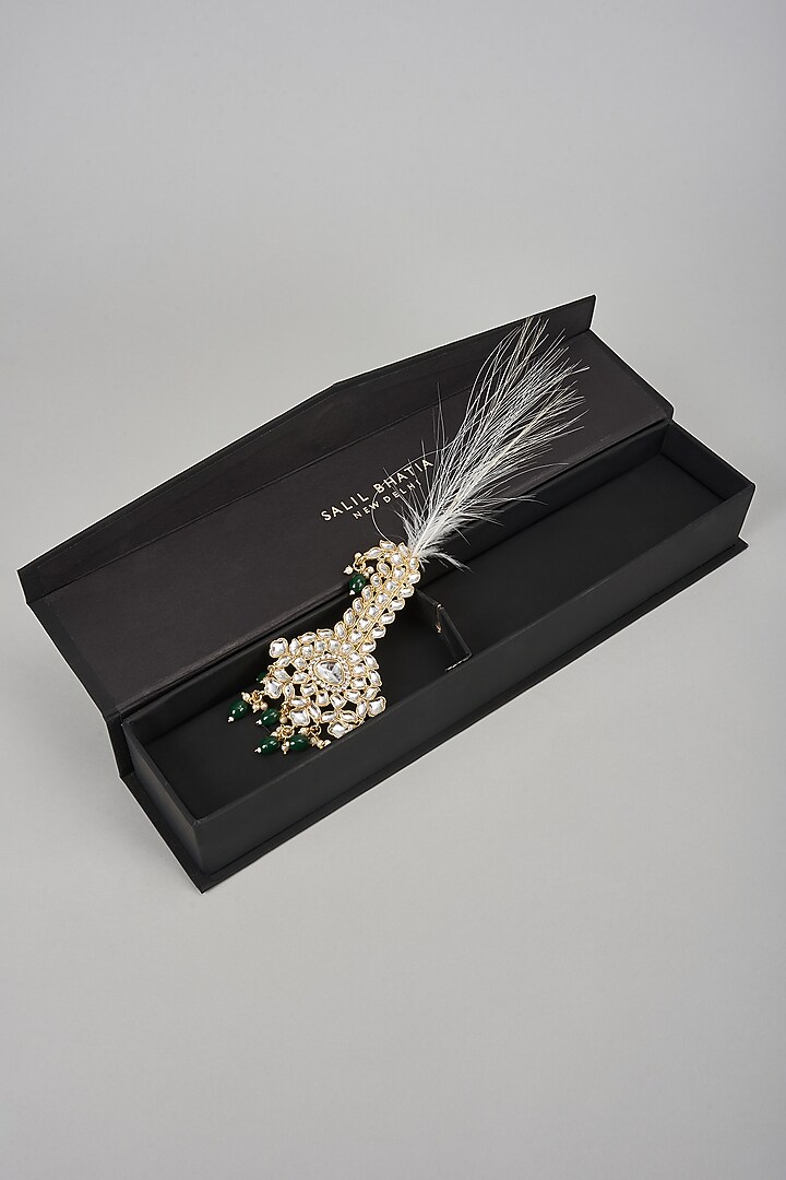 Soft Gold Semi-Precious Kundan & Pearl Feather Kalangi by SALIL BHATIA at Pernia's Pop Up Shop