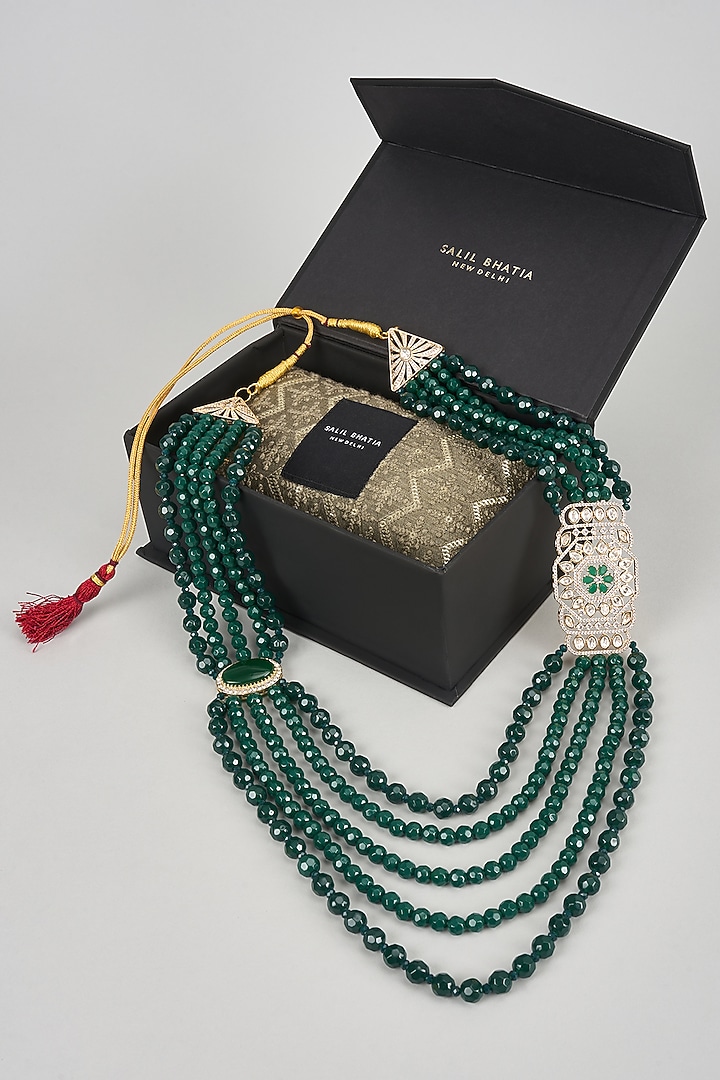 Emerald Semi-Precious Stone & Pearl Layered Mala by SALIL BHATIA at Pernia's Pop Up Shop
