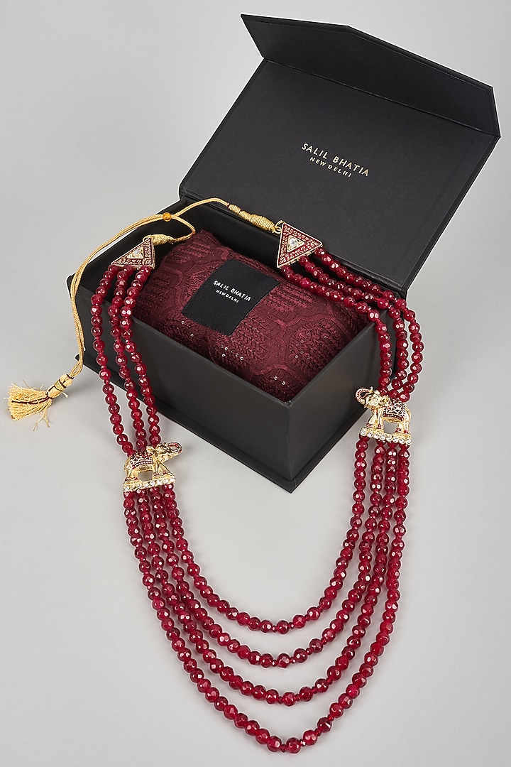 Maroon Semi-Precious Stone & Pearl Layered Mala by SALIL BHATIA at Pernia's Pop Up Shop