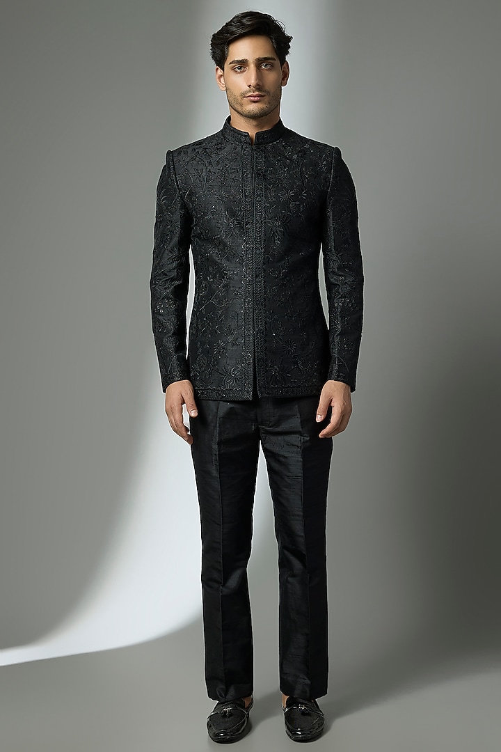Black Raw Silk Zari Embellished Wedding Indowestern Set by SALIL BHATIA at Pernia's Pop Up Shop