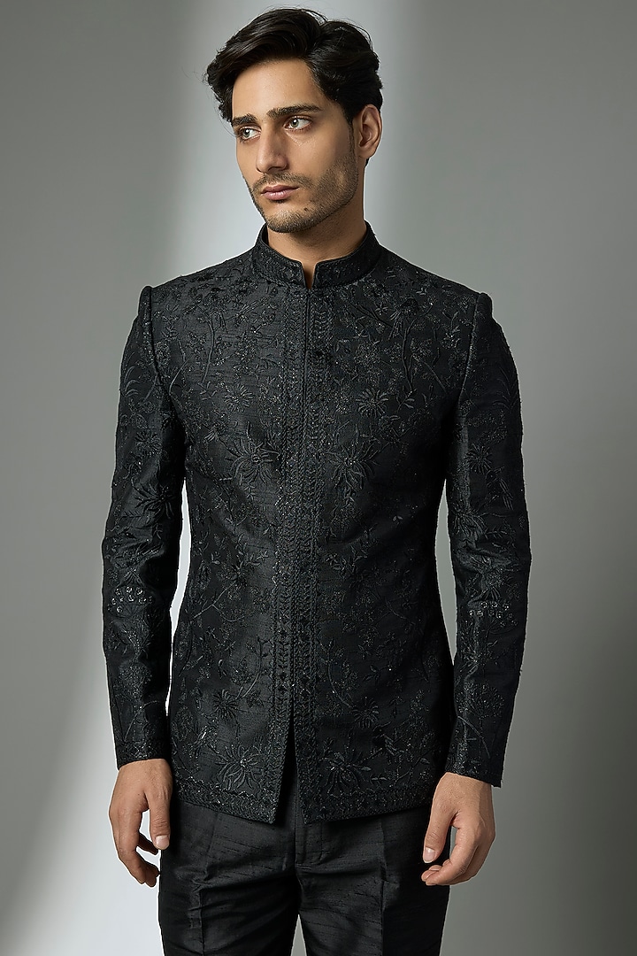 Black Raw Silk Zari Embellished Wedding Indowestern Set by SALIL BHATIA at Pernia's Pop Up Shop