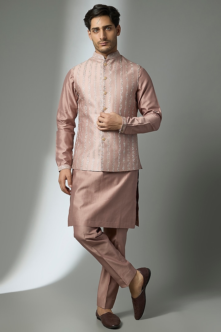 Chai Pink Silk Chanderi Zari Embellished Nehru Jacket Set by SALIL BHATIA at Pernia's Pop Up Shop