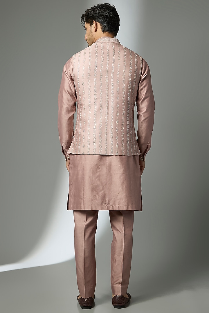Chai Pink Silk Chanderi Zari Embellished Nehru Jacket Set by SALIL BHATIA at Pernia's Pop Up Shop
