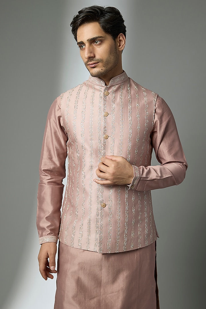 Chai Pink Silk Chanderi Zari Embellished Nehru Jacket Set by SALIL BHATIA at Pernia's Pop Up Shop