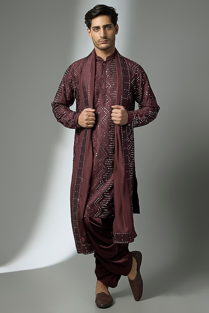 Wine Dola Silk Mirror Embroidered Kurta Set by SALIL BHATIA at Pernia's Pop Up Shop
