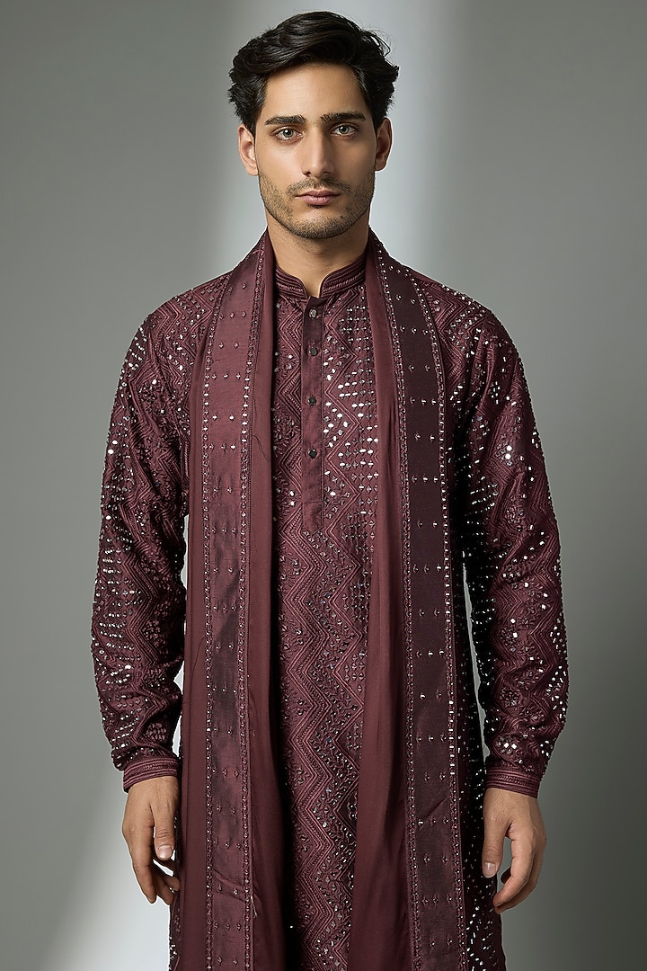 Wine Dola Silk Mirror Embroidered Kurta Set by SALIL BHATIA at Pernia's Pop Up Shop