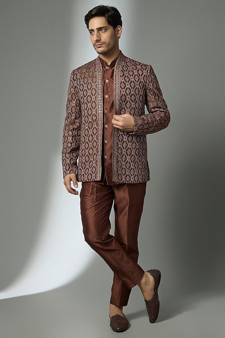 Chocolate Brown Dola Sik Zari Embellished Wedding Indowestern Set by SALIL BHATIA at Pernia's Pop Up Shop