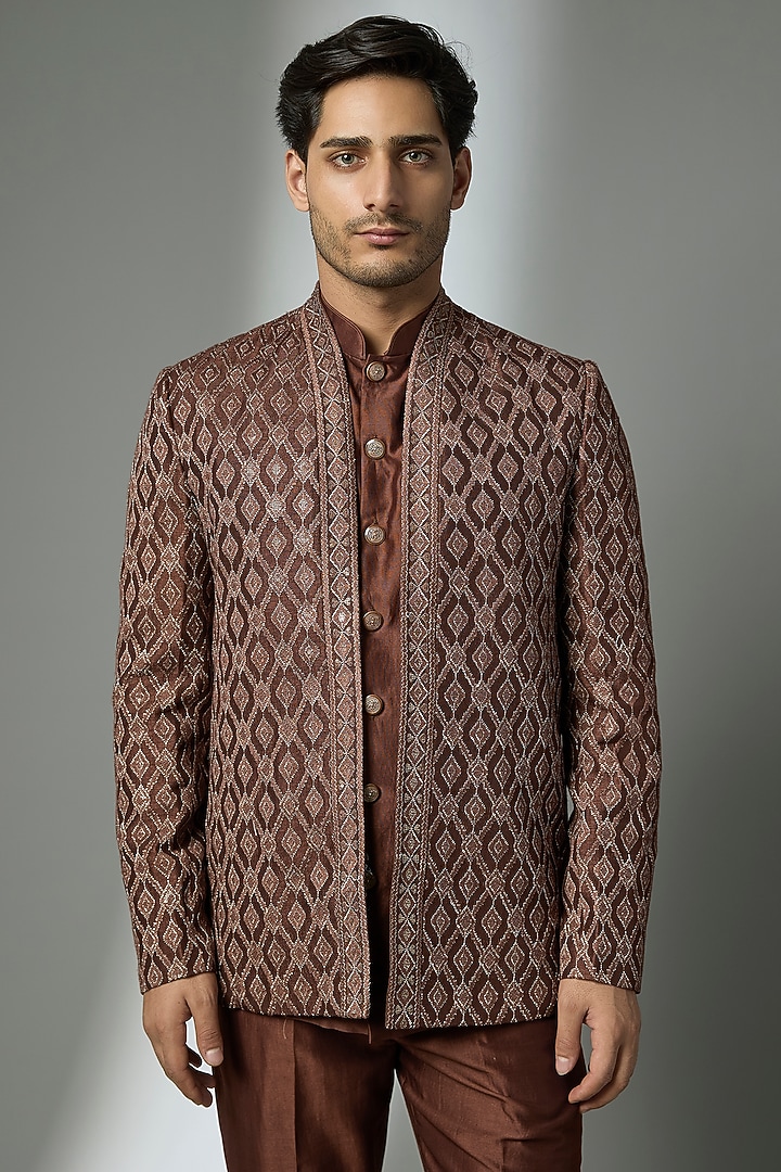 Chocolate Brown Dola Sik Zari Embellished Wedding Indowestern Set by SALIL BHATIA at Pernia's Pop Up Shop