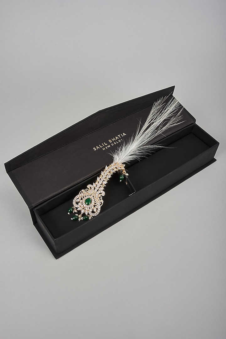 Soft Gold Semi-Precious Kundan & Pearl Feather Kalangi by SALIL BHATIA at Pernia's Pop Up Shop