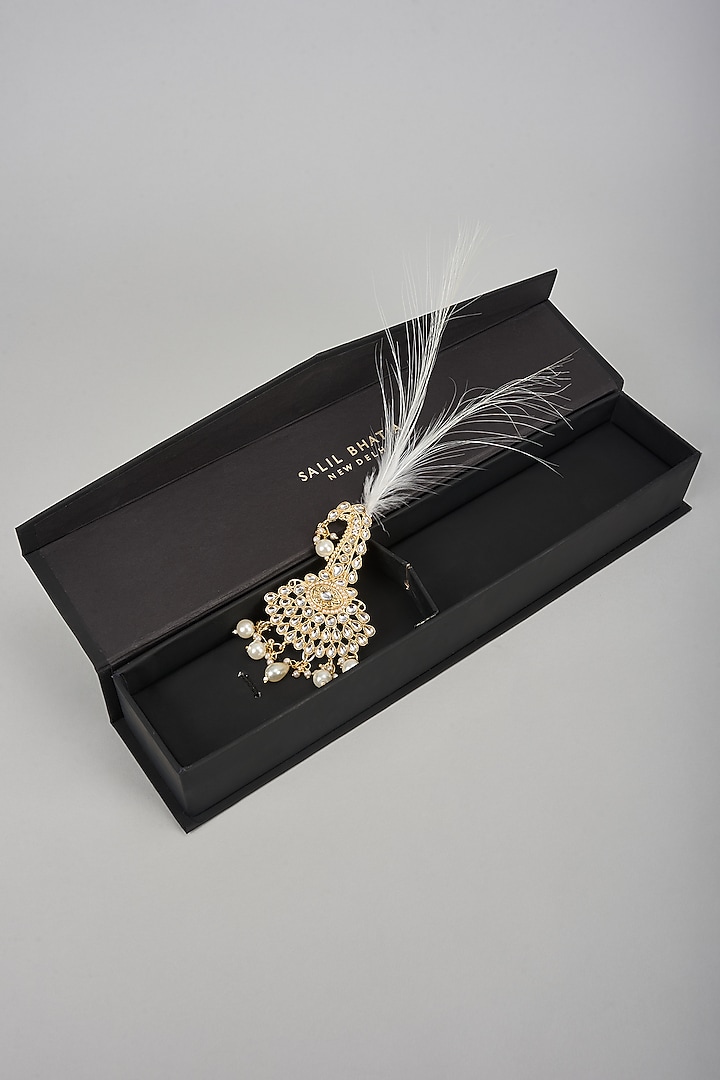 Soft Gold Semi-Precious Kundan & Pearl Feather Kalangi by SALIL BHATIA at Pernia's Pop Up Shop