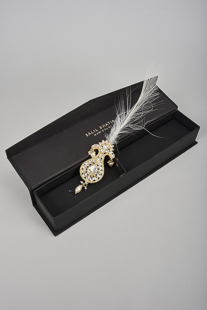 Soft Gold Semi-Precious Kundan & Pearl Feather Kalangi by SALIL BHATIA at Pernia's Pop Up Shop