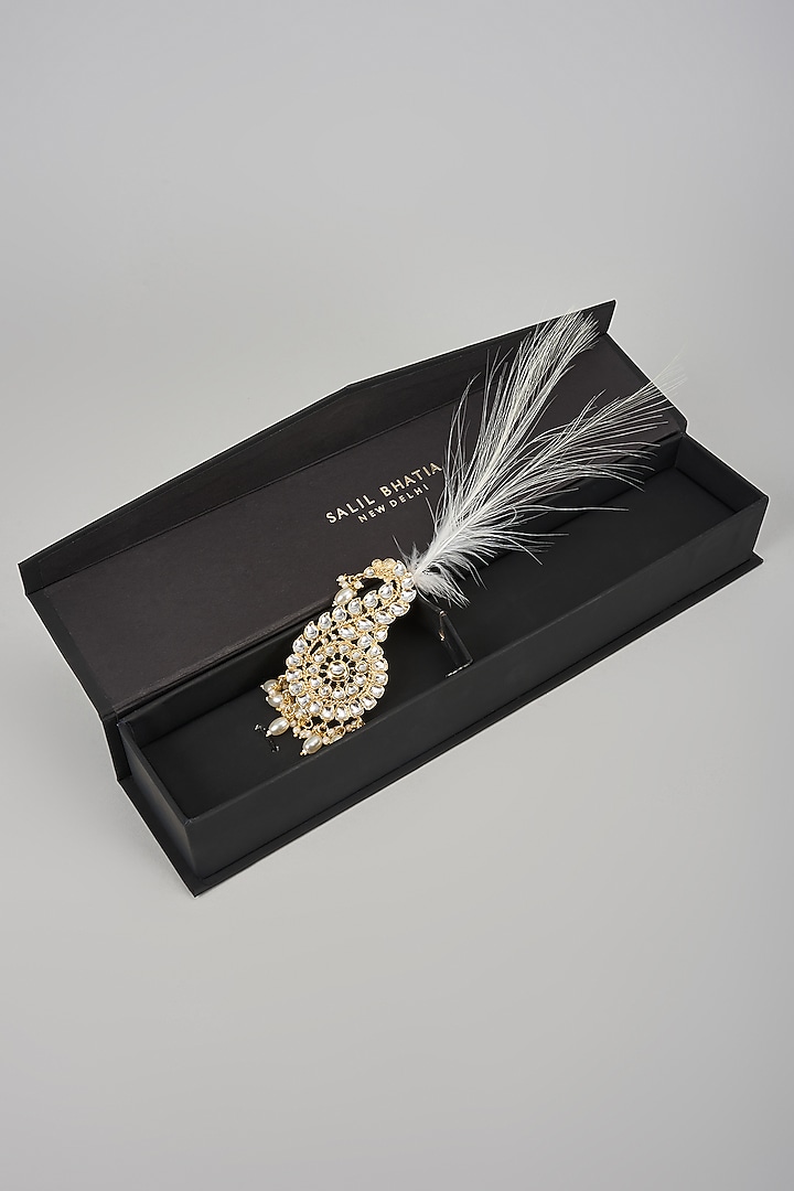 Soft Gold Semi-Precious Kundan & Pearl Feather Kalangi by SALIL BHATIA at Pernia's Pop Up Shop