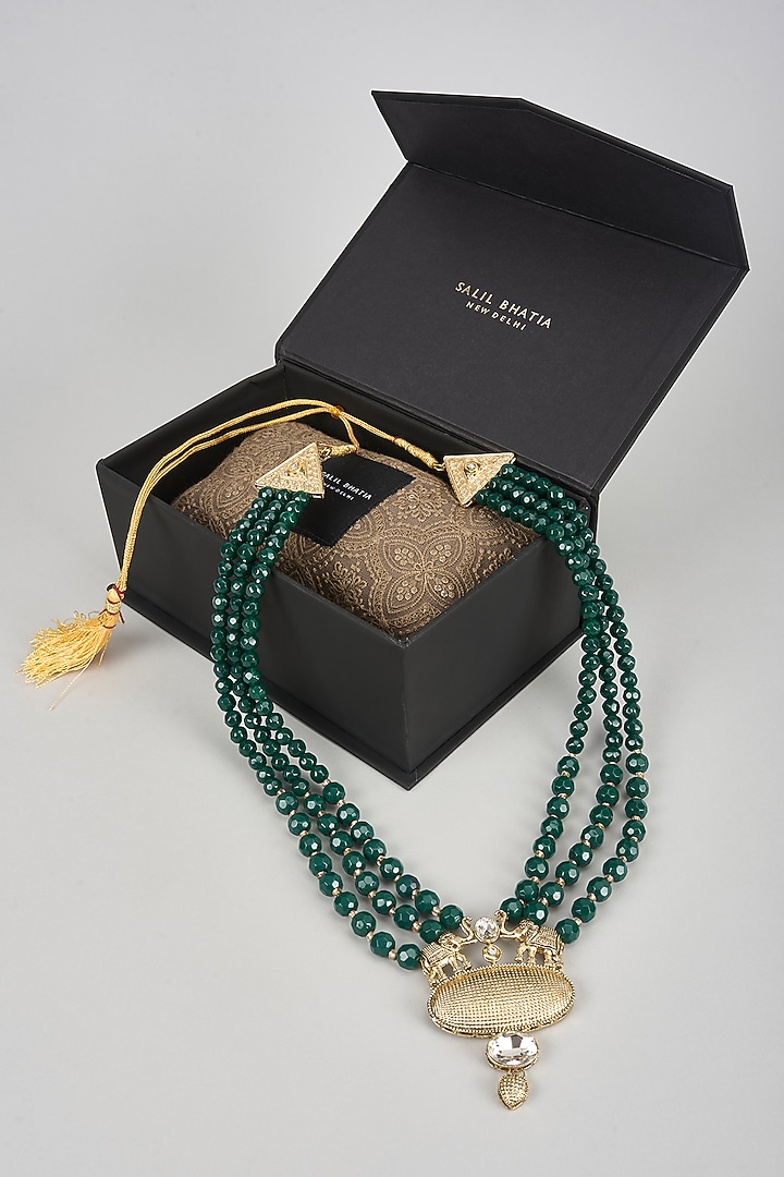Emerald Semi-Precious Stone & Pearl Handmade Mala by SALIL BHATIA at Pernia's Pop Up Shop