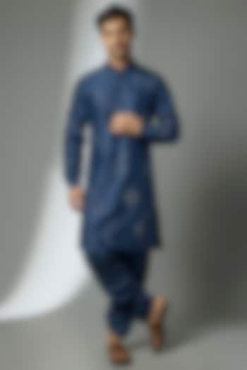 Prussian Blue Silk Mirror Embroidered Kurta Set by SALIL BHATIA at Pernia's Pop Up Shop