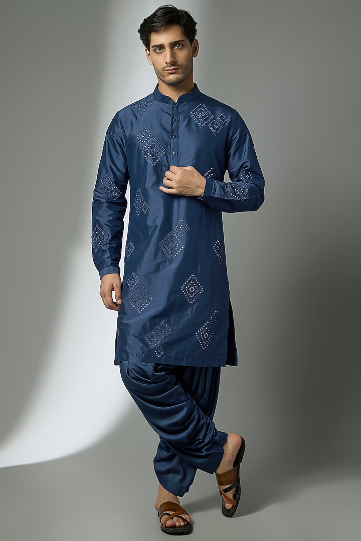 Prussian Blue Silk Mirror Embroidered Kurta Set by SALIL BHATIA at Pernia's Pop Up Shop