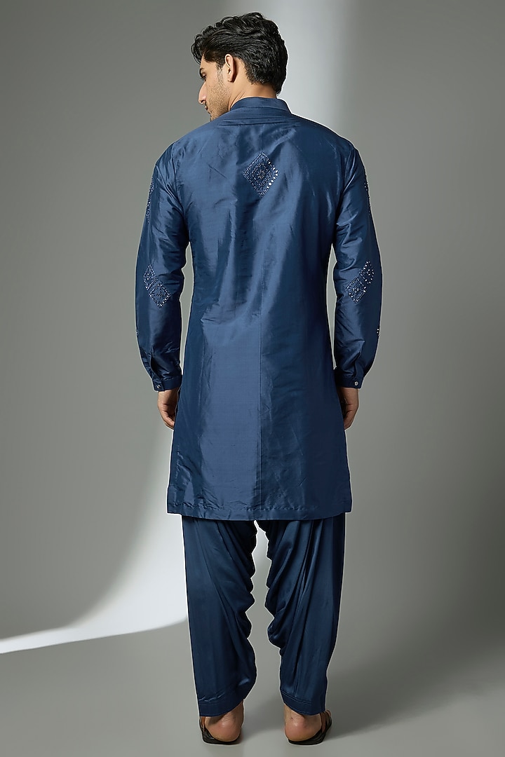 Prussian Blue Silk Mirror Embroidered Kurta Set by SALIL BHATIA at Pernia's Pop Up Shop