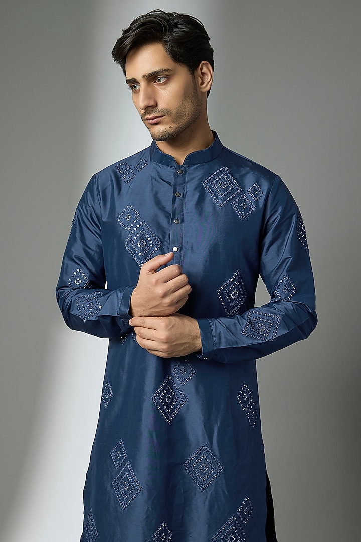 Prussian Blue Silk Mirror Embroidered Kurta Set by SALIL BHATIA at Pernia's Pop Up Shop