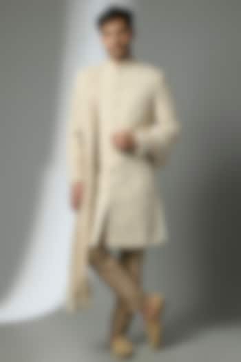 Beige Silk Thread Embellished Groom Sherwani Set by SALIL BHATIA at Pernia's Pop Up Shop