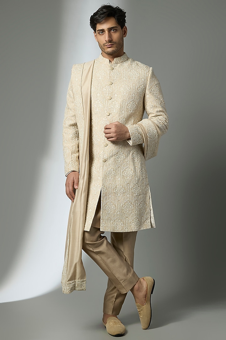 Beige Silk Thread Embellished Groom Sherwani Set by SALIL BHATIA at Pernia's Pop Up Shop