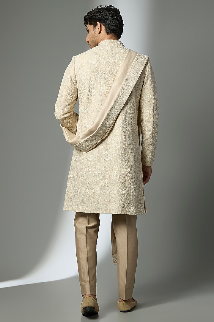 Beige Silk Thread Embellished Groom Sherwani Set by SALIL BHATIA at Pernia's Pop Up Shop